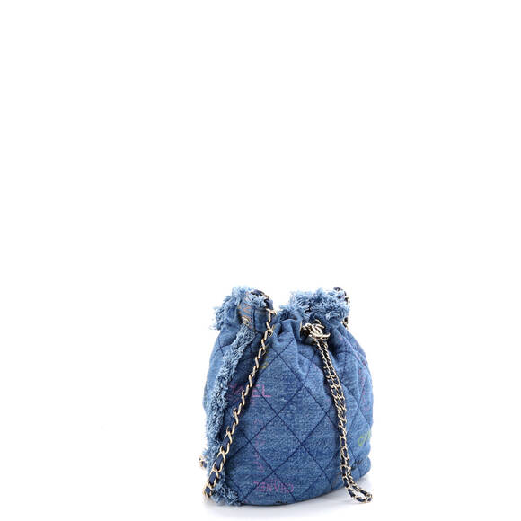 Chanel Medium Denim Mood Chain Bucket Bag Logo Printed Quilted Fringe Denim - Picture 2 of 5